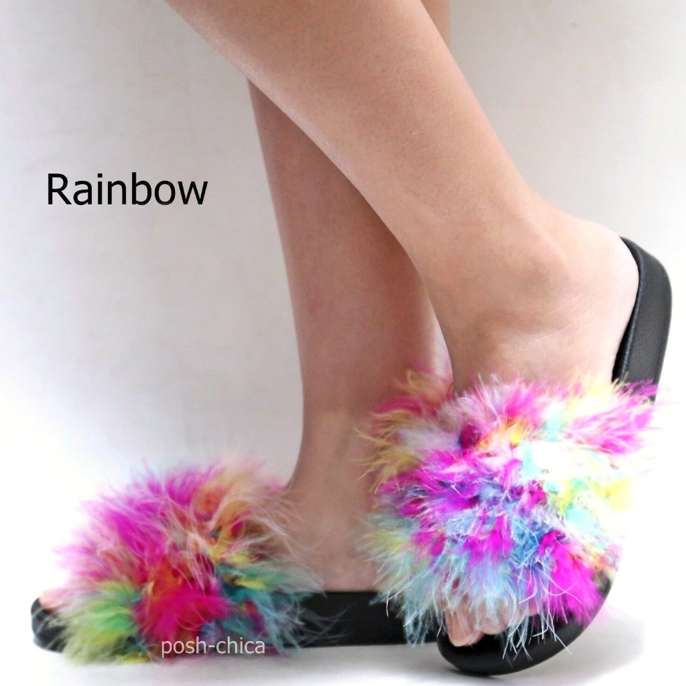 New Rainbow Feather Slip On Slides Flat Sandals